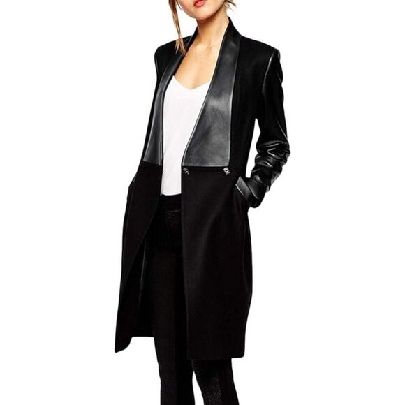Jackets & Blazers - Women's Double Breasted Faux Leather Coat Lapel Jacket
